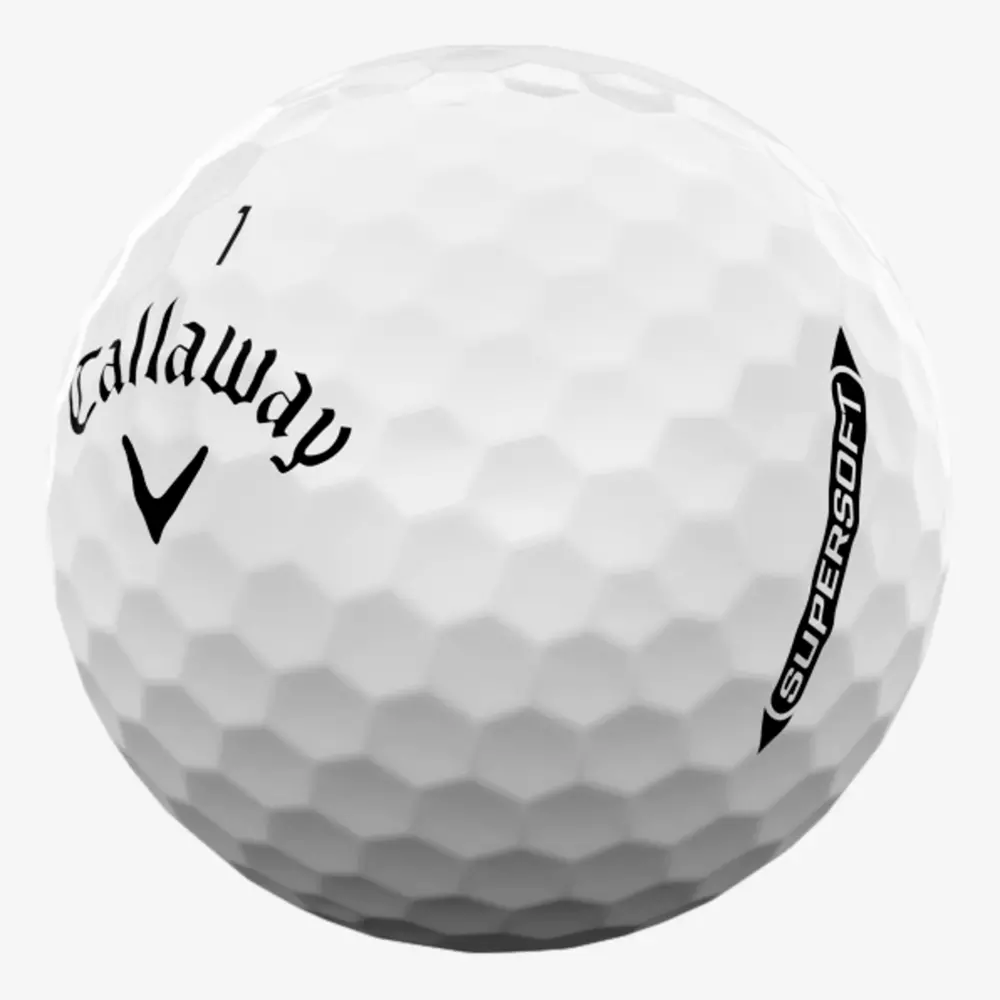 A close-up of a white Callaway golf ball with black text, including the Callaway logo and the word Supersoft, showing its dimpled surface—perfect for pairing with the best golf shoes 2026 on your next round.
