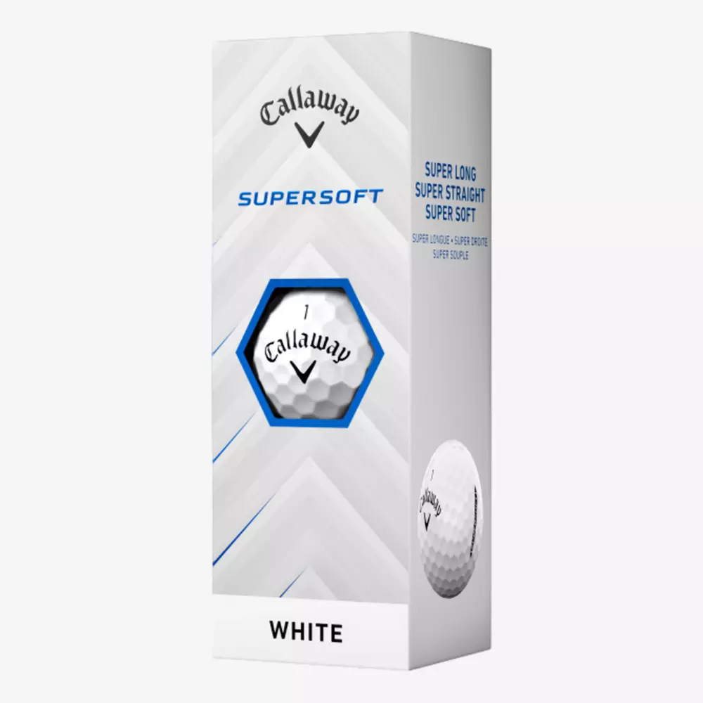 A white box of Callaway Supersoft golf balls, featuring the Callaway logo, a picture of a golf ball, and blue text highlighting Super Long, Super Straight, Super Soft—perfect to pair with the best golf shoes 2026 for your next round.