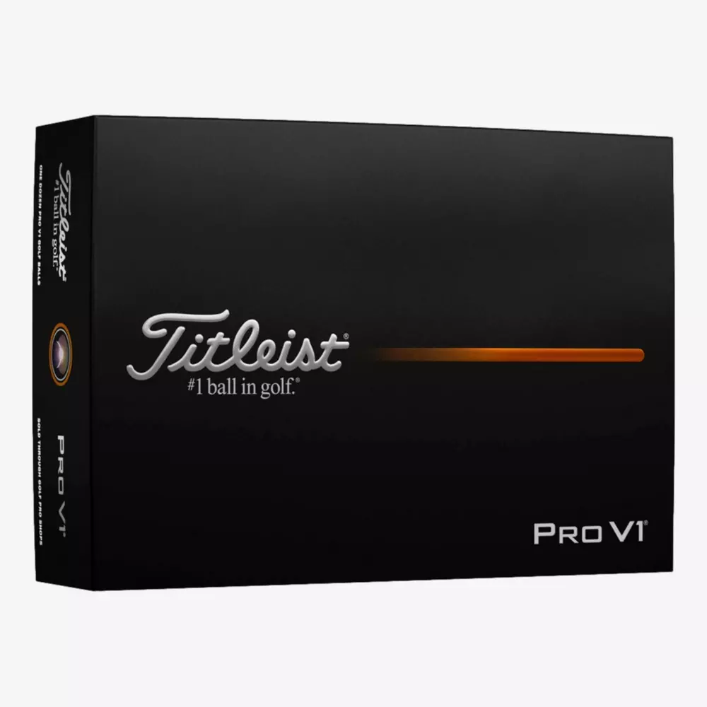A black box of Titleist Pro V1 golf balls, featuring the Titleist logo, the text #1 ball in golf, and a subtle orange line across the front—an ideal companion for those seeking performance and style like the best golf shoes 2026.