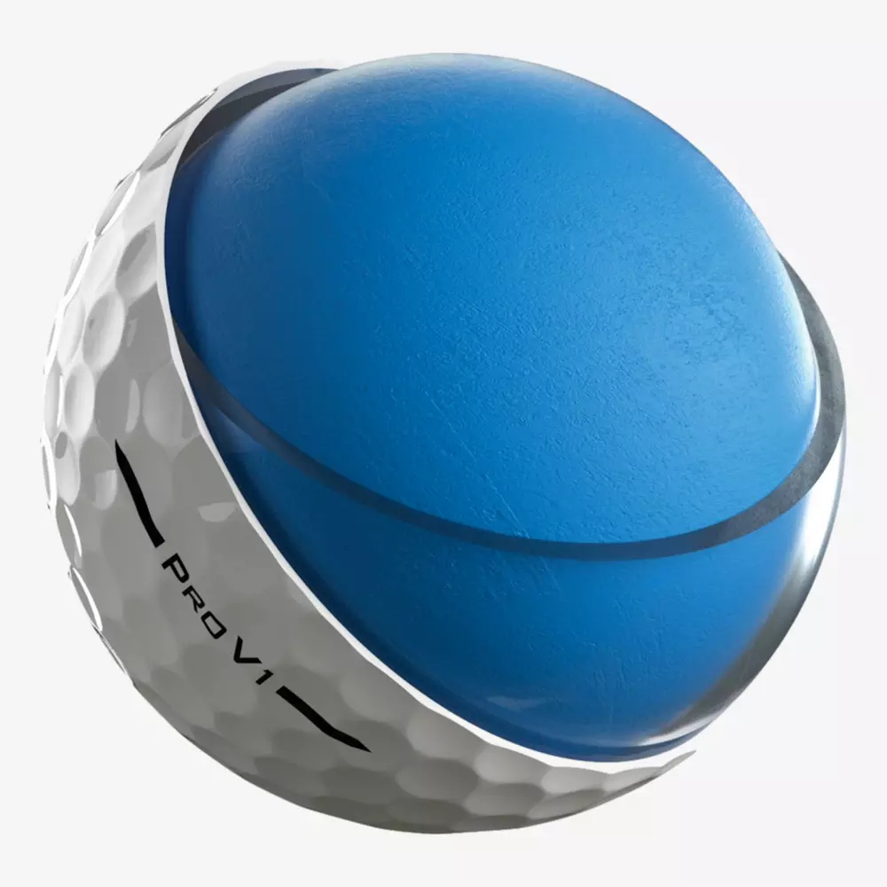 A golf ball cut in half, revealing a smooth, solid blue core inside a textured white outer layer. The dimpled shell is labeled Pro V1—pair it with the best golf shoes 2026 for a premium game experience.
