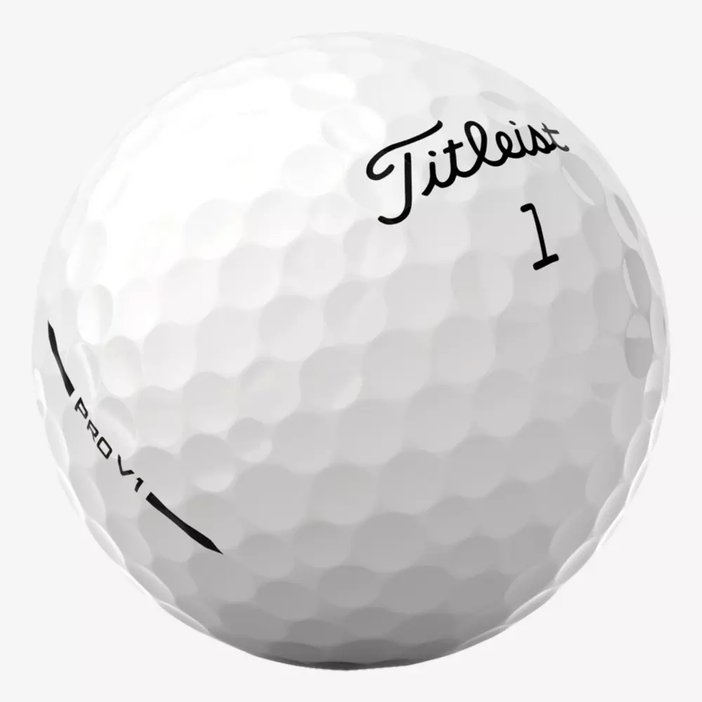 A white Titleist golf ball with dimpled texture. The text Titleist, the number 1, and Pro V1 are printed in black on the surface—perfect for pairing with the best golf shoes 2026 for top performance on the green.