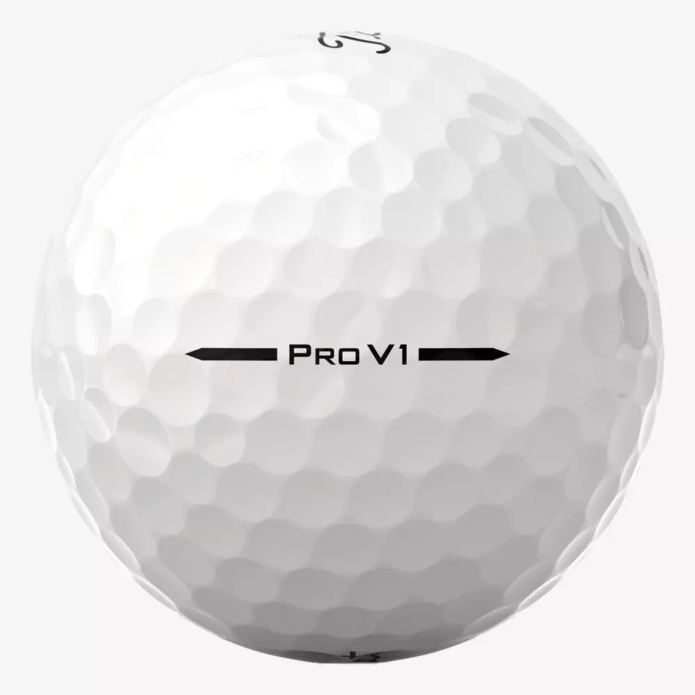 A close-up of a white golf ball with a dimpled surface, featuring the text Pro V1 and two black arrows on either side—perfect for pairing with the best golf shoes 2026 for your next game.