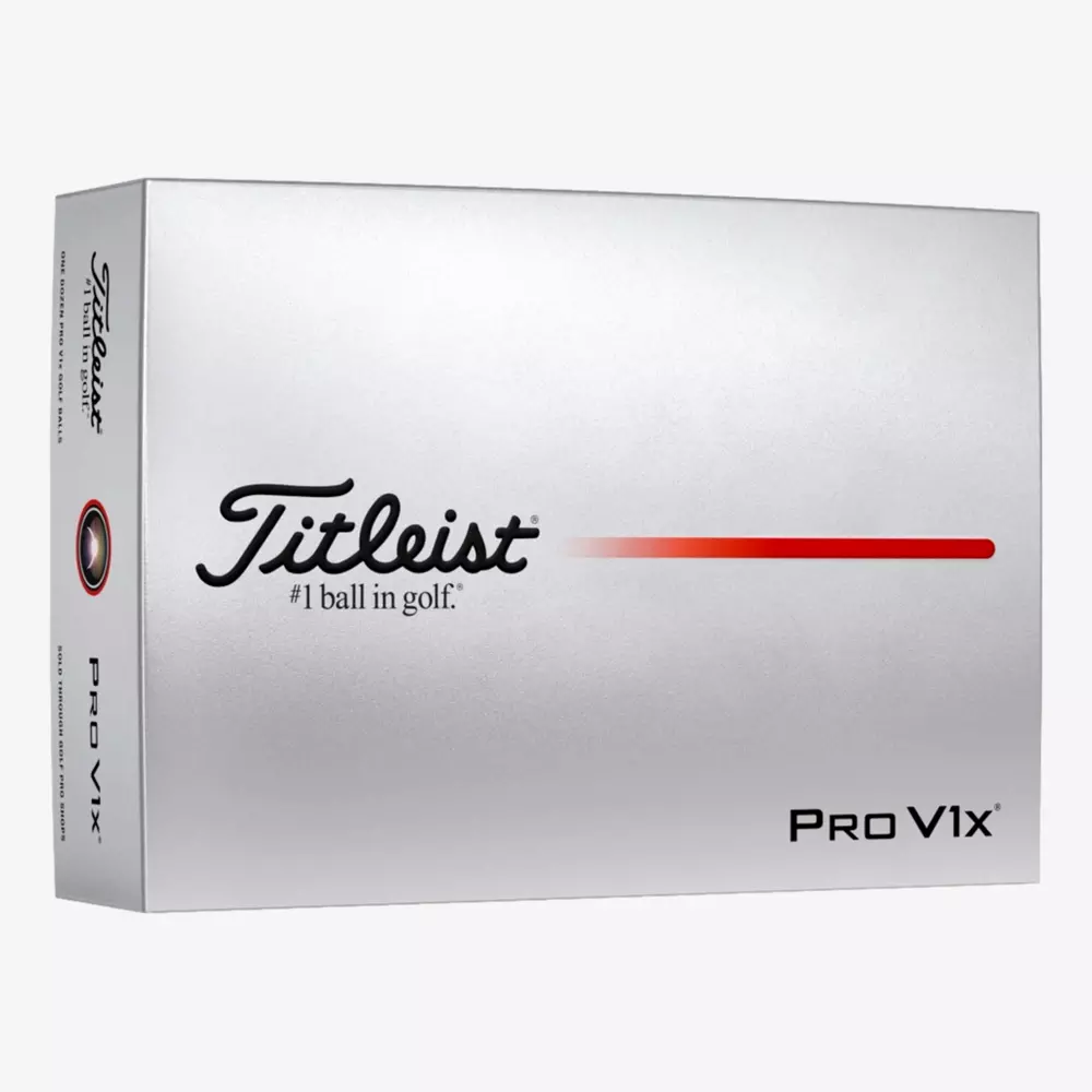 A box of Titleist Pro V1x golf balls rests on a white background, featuring the Titleist logo, #1 ball in golf. text, and a red horizontal line—perfect for players seeking top quality gear to pair with the best golf shoes 2026.