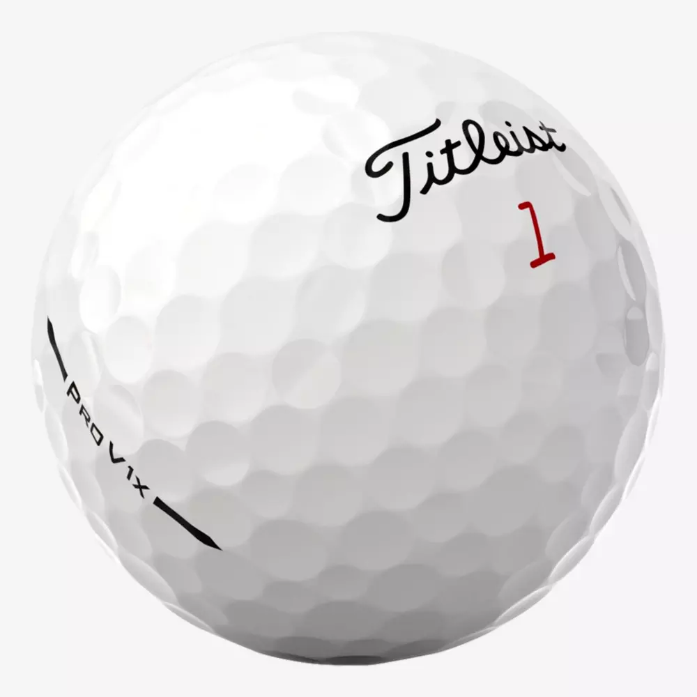 A white Titleist Pro V1x golf ball with the number 1 in red and the Titleist logo in black printed on its surface, showing the ball’s dimples and smooth texture—perfect for pairing with the best golf shoes 2026.
