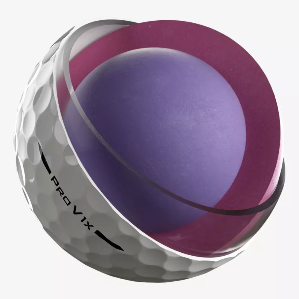 A cutaway view of a golf ball labeled Pro V1x reveals its layered internal structure with a white dimpled outer shell, pinkish inner layer, and solid purple core—perfect for players seeking performance gear like the best golf shoes 2026.