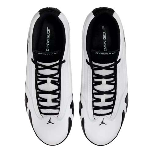 Top view of a pair of white and black Jordan Golf shoes with black laces, the Jumpman logo on the toe, and Jordan Golf branding visible on the insoles—one of the best Jordan golf shoes for style and performance.
