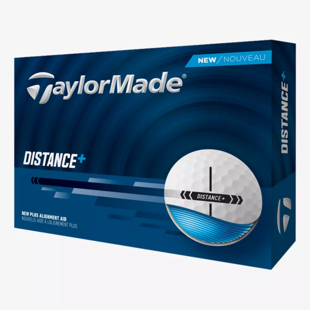 A blue box of TaylorMade Distance+ golf balls featuring the TaylorMade logo, product name, an image of a golf ball, and the words “NEW” and “Distance+”—a perfect match for those seeking distance or searching for the best golf shoes 2026.