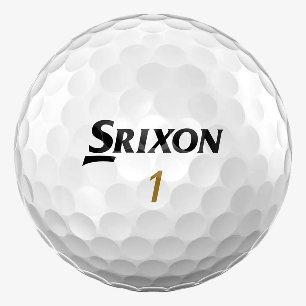 A white golf ball with dimpled texture featuring the brand name Srixon in black lettering and the number 1 in gold below it—an excellent pick among the best golf balls 2026.