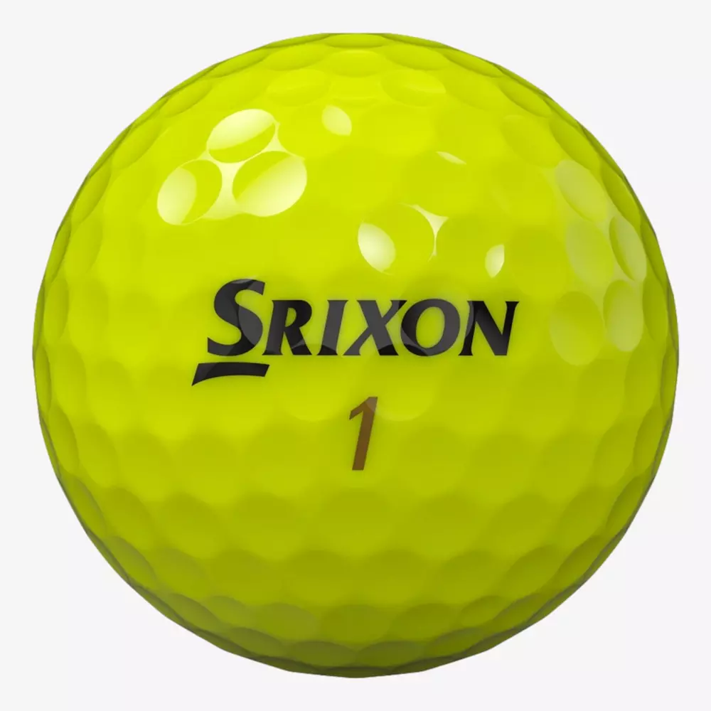 A yellow Srixon golf ball, featuring dimples and the number 1 below the brand name, sits on a plain white background—an excellent choice for those seeking the best golf balls 2026 has to offer.