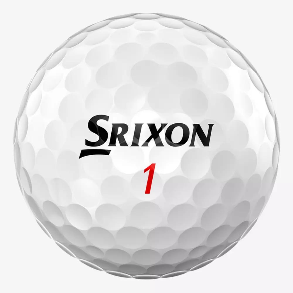 A white golf ball with the brand name Srixon printed in black and the number 1 in red beneath it, featuring a dimpled surface against a light background—an excellent choice among the best golf balls 2026.