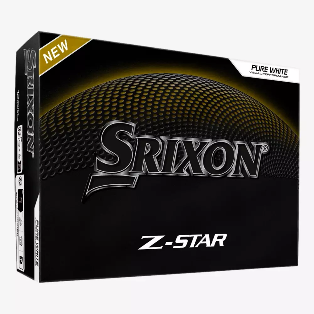 A box of Srixon Z-Star golf balls, featuring a black and gold design with NEW in the top left and PURE WHITE in the top right—perfect for players seeking performance to match their best golf shoes 2026, showcasing the Srixon logo and Z-STAR branding.