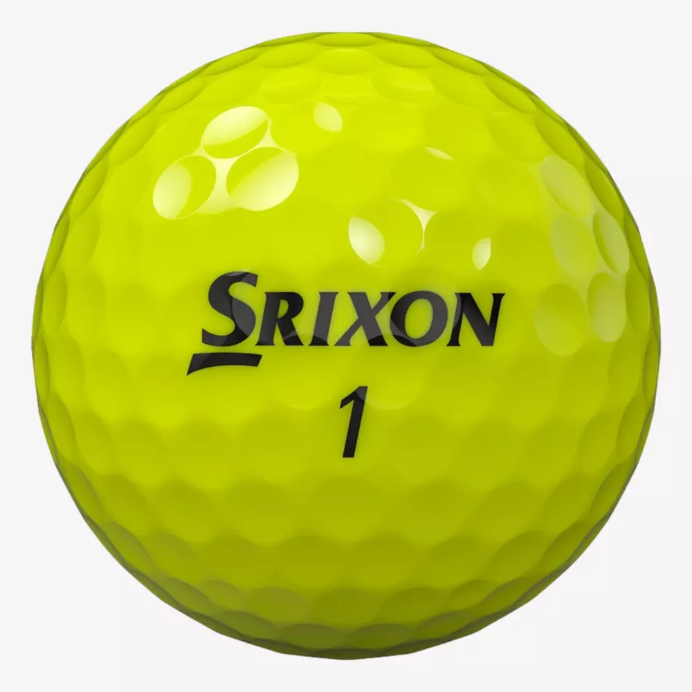 A bright yellow Srixon golf ball with dimples, featuring the brand name SRIXON and the number 1 printed in black—perfect for players looking to pair it with the best golf shoes 2026 for top performance on the course.