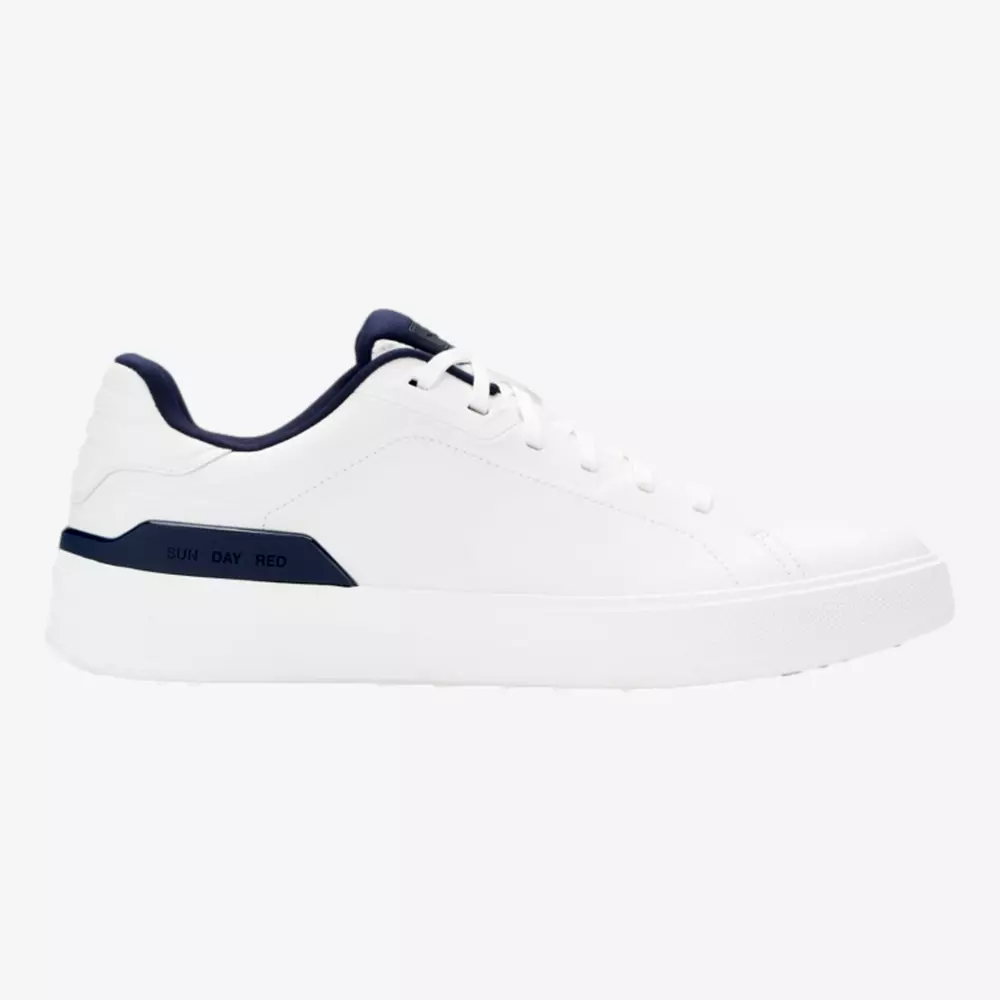 A white low-top sneaker with a dark navy collar and trim, white laces, and 