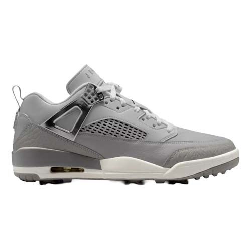 A gray and white athletic sneaker with mesh and leather details, a visible air cushion in the sole, and a textured outsole designed for grip—perfectly inspired by the best Jordan golf shoes.