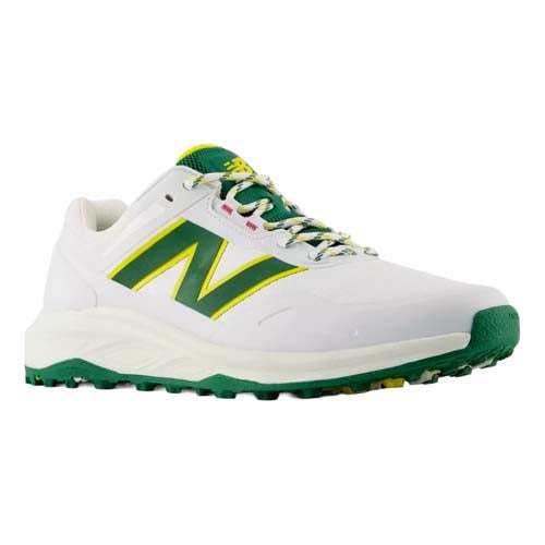 A white athletic shoe with green and yellow accents, inspired by the best looks from The First Major, featuring a large green N on the side, a green sole with yellow details, and multicolored laces.
