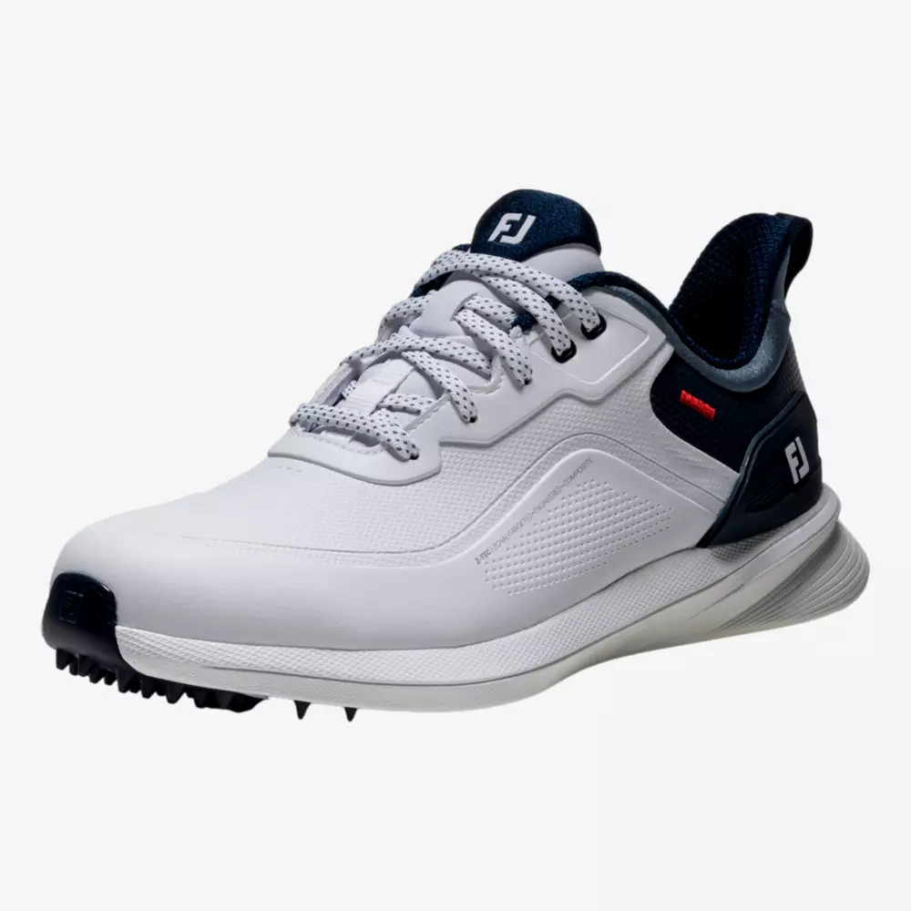A white and navy athletic shoe with textured sole and laces, featuring the FJ logo on the tongue and side—ideal for sports or outdoor activities and inspired by the best Jordan golf shoes.
