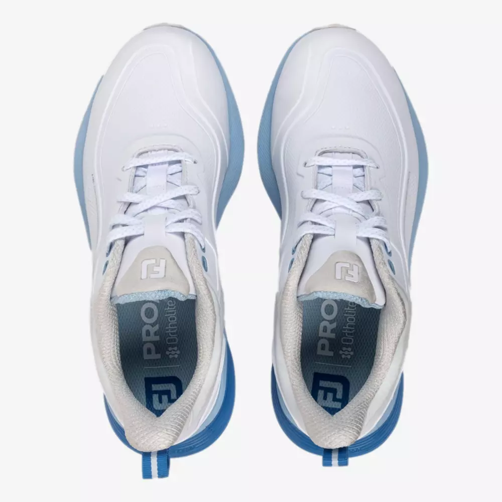 Top view of a pair of white athletic shoes with light blue soles and accents, featuring the FJ logo on the tongue and PRO SL branding on the insoles&mdash;designed to be among the best golf shoes 2026 has to offer.