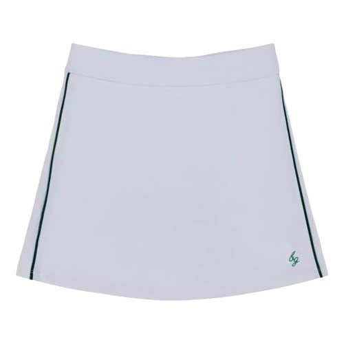 A white tennis skirt with thin dark green vertical stripes on each side, inspired by the best looks from The First Major, and finished with a small green logo near the bottom hem on the right side.