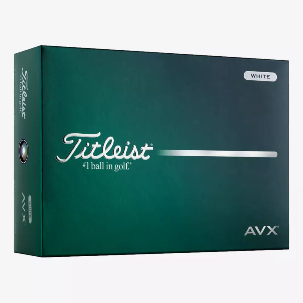 A green box of Titleist AVX golf balls, featuring the Titleist logo, “#1 ball in golf,” and “WHITE” in the top right corner. The minimalist design includes a silver line across the front—perfect for those seeking the best golf balls 2026.