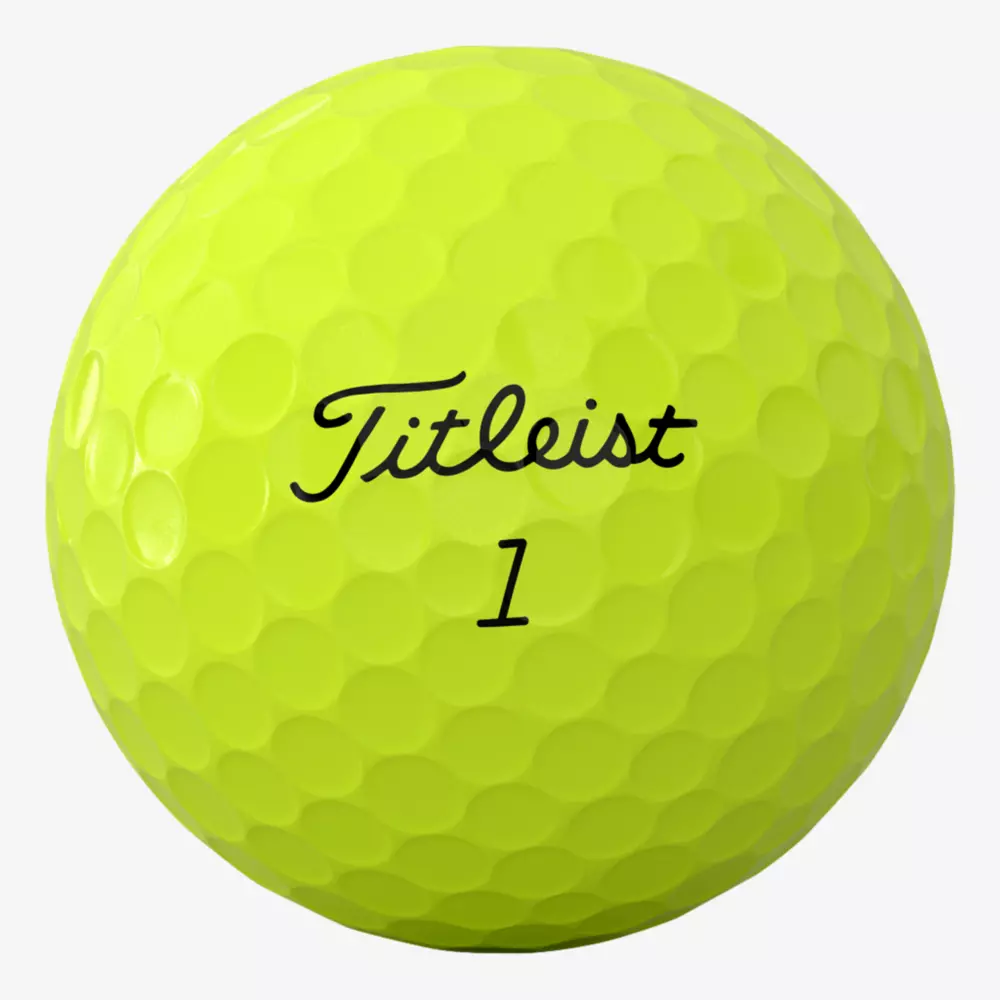 A bright yellow Titleist golf ball with dimples, featuring the Titleist logo and the number 1 printed in black—an ideal choice for those seeking the best golf balls 2026 has to offer.