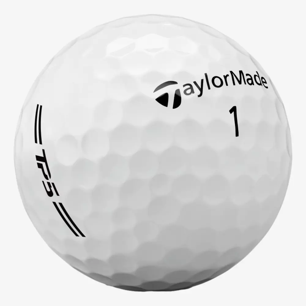 A white golf ball with a dimpled surface featuring the TaylorMade logo, the number 1, and TP5 printed in black—perfect for pairing with the best golf shoes 2026 for your next round.