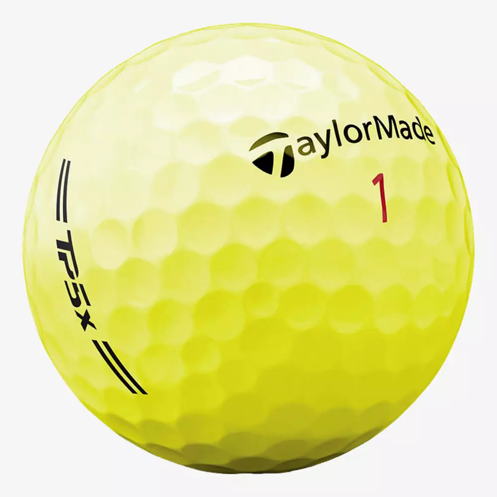 A yellow dimpled golf ball with the TaylorMade logo, the number 1 in red, TP5x printed in black—ideal for players also searching for the best golf shoes 2026 to enhance their game.