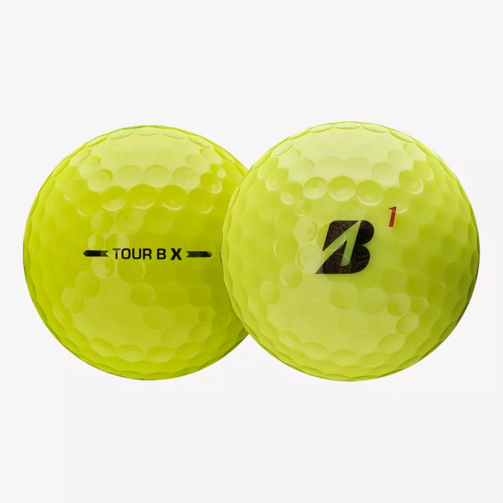 Two yellow Bridgestone golf balls with dimples; one shows the TOUR B X labeling, while the other displays the Bridgestone B logo and number 1—perfect for pairing with the best golf shoes 2026 on your next round.