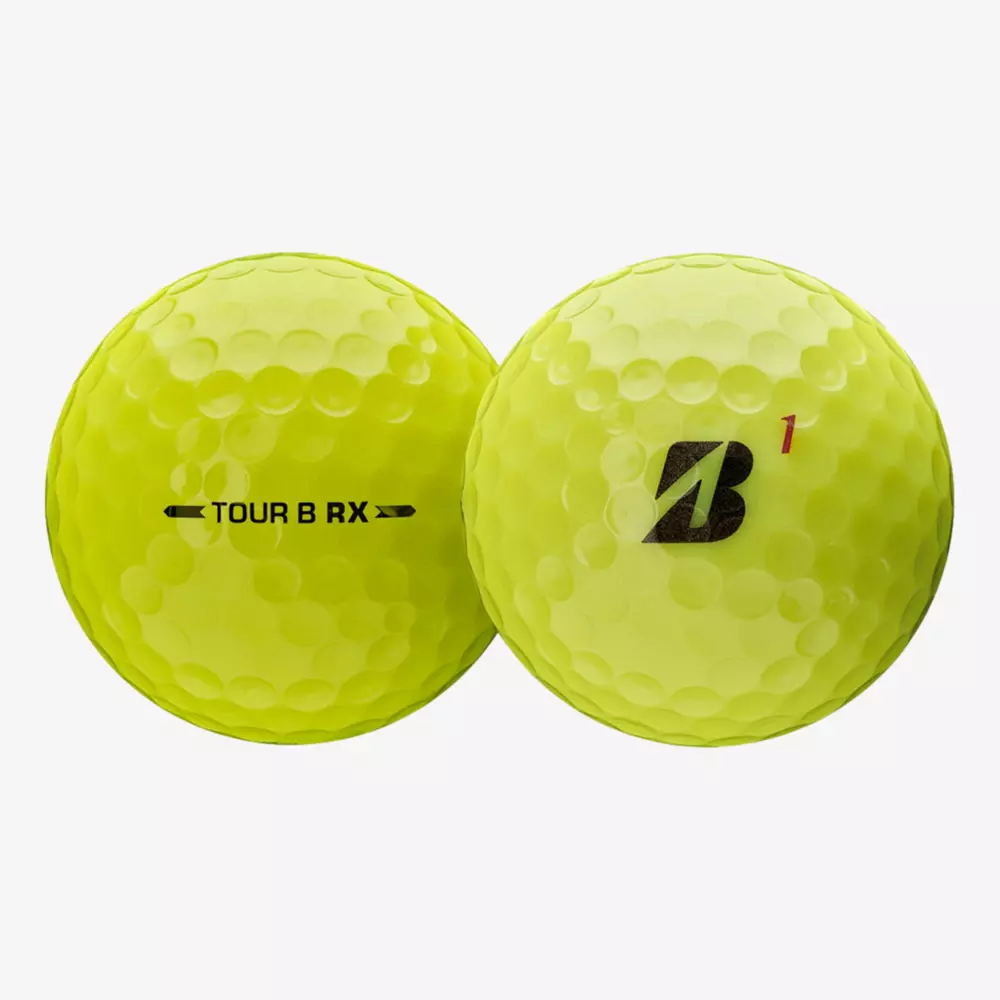Two yellow Bridgestone golf balls side by side; one shows the TOUR B RX text and arrows, while the other displays the Bridgestone logo and number 1—perfect contenders for the best golf balls 2026.