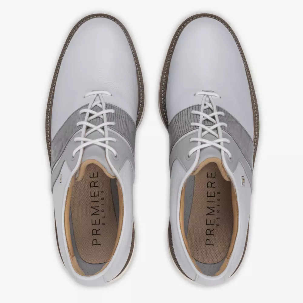 Top view of a pair of white and gray lace-up dress shoes with brown soles, branded PREMIERE on the insoles, displayed side by side on a white background—an elegant alternative to the best Jordan golf shoes.