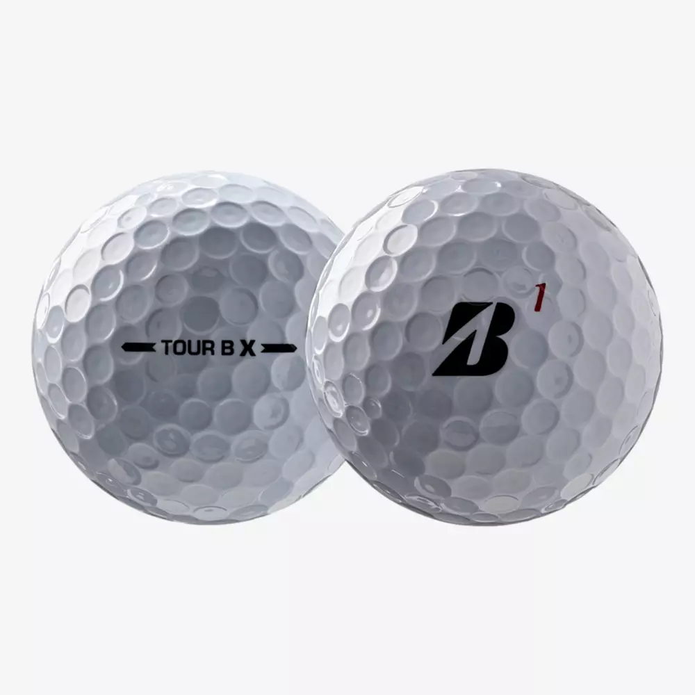 Two white golf balls with dimpled surfaces. One displays TOUR B X in black text, while the other shows a black B logo with a small red 1 above it—perfect for golfers seeking gear to match the best golf shoes 2026. Both are set against a plain white background.