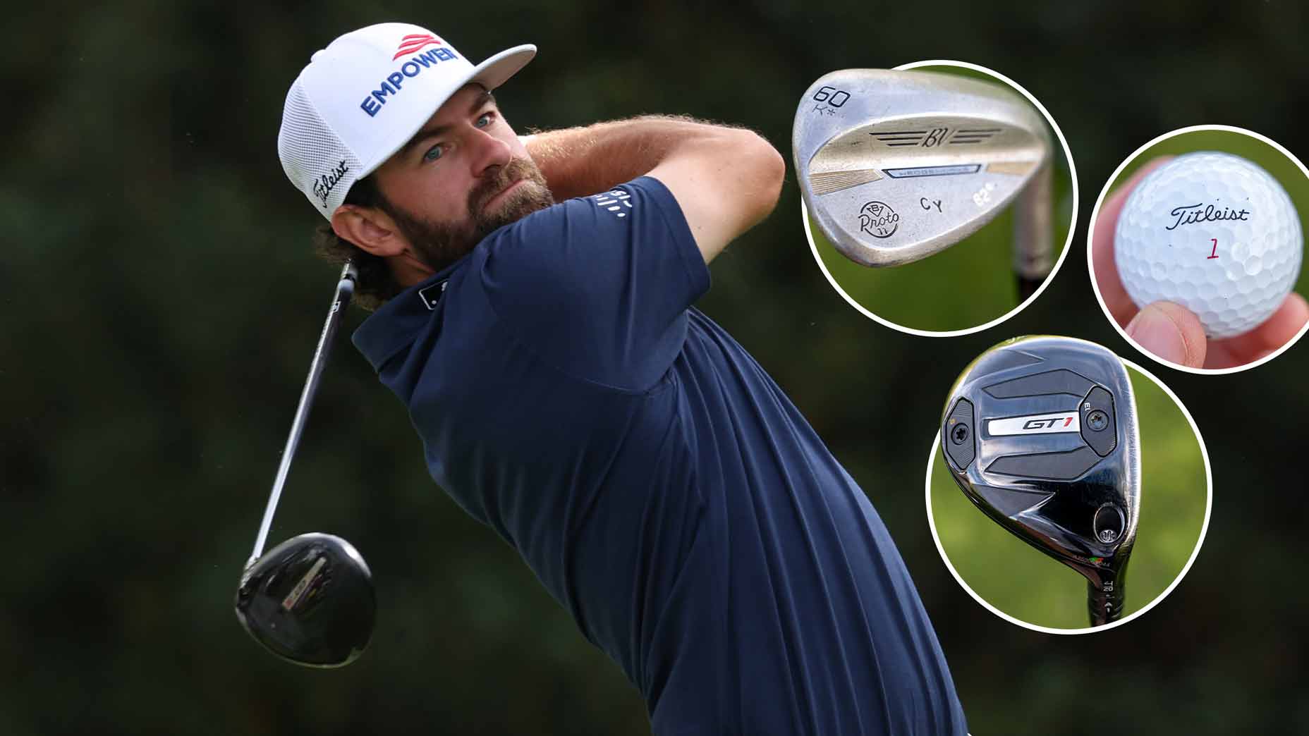 A male golfer swings a club. Insets show close-ups of a wedge, a golf ball with Titleist 1, and a metal driver club from his golf bag. The golfer, resembling Cameron Young, wears a white cap and navy shirt, with trees blurred in the background.