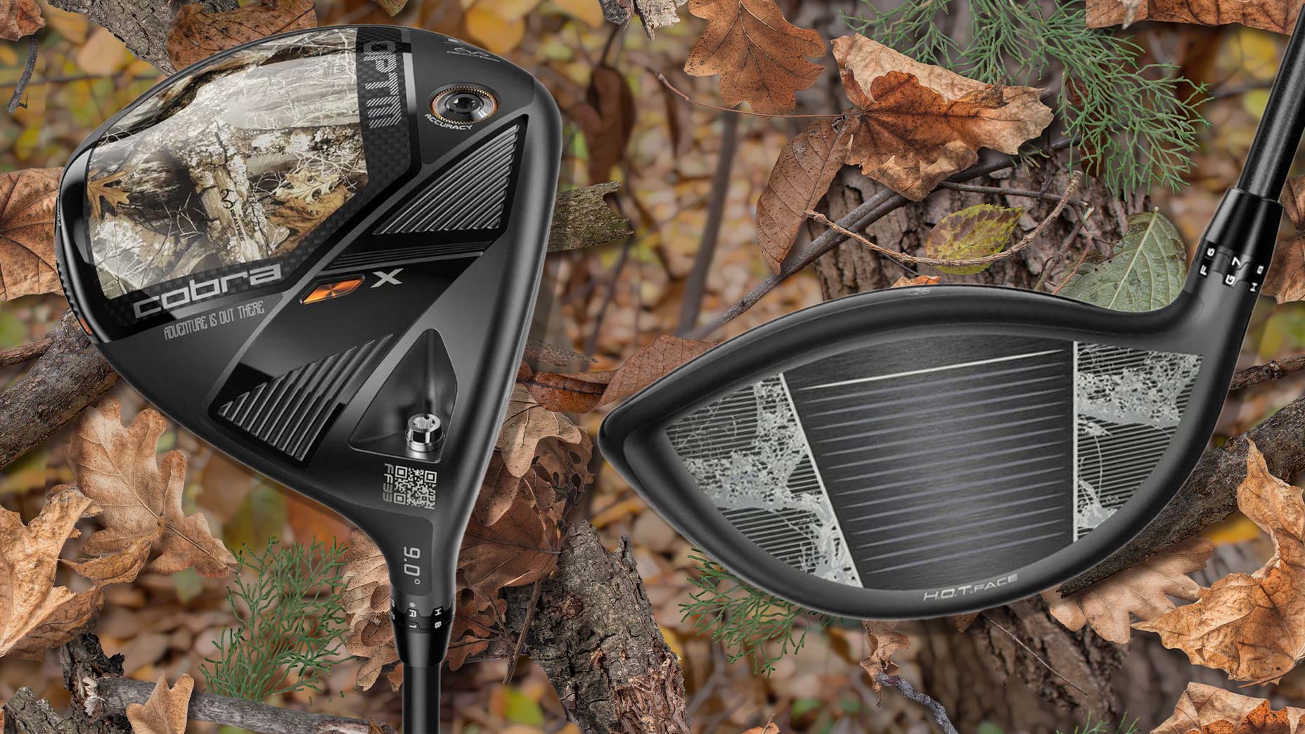Two black golf club heads, including a Real Tree driver with camouflage patterns, are displayed against fallen autumn leaves and branches. One club shows the top surface, while the other reveals the face labeled “HOT FACE” near the bottom.
