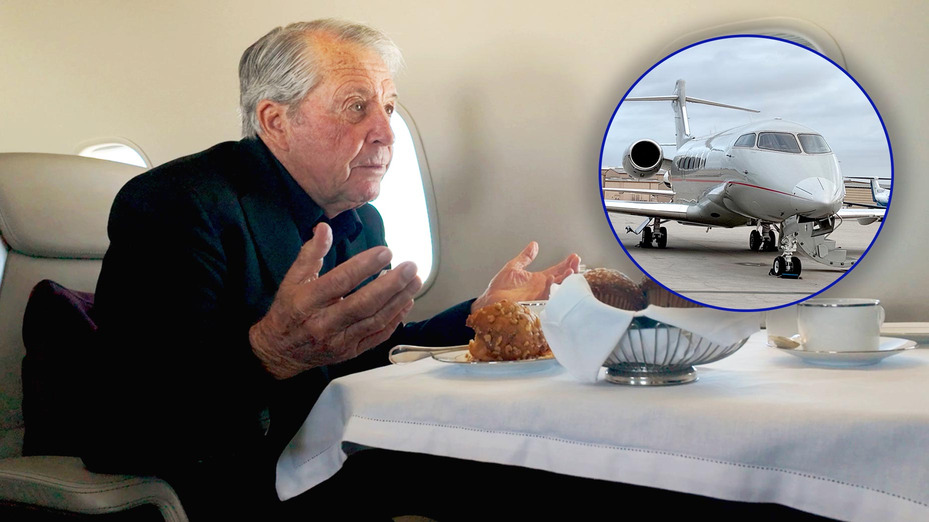 An older man, Gary Player, sits at a table with food on a private jet, gesturing with his hands. An inset shows a close-up of the jet he flew on the runway—perhaps reminiscing about the Masters.