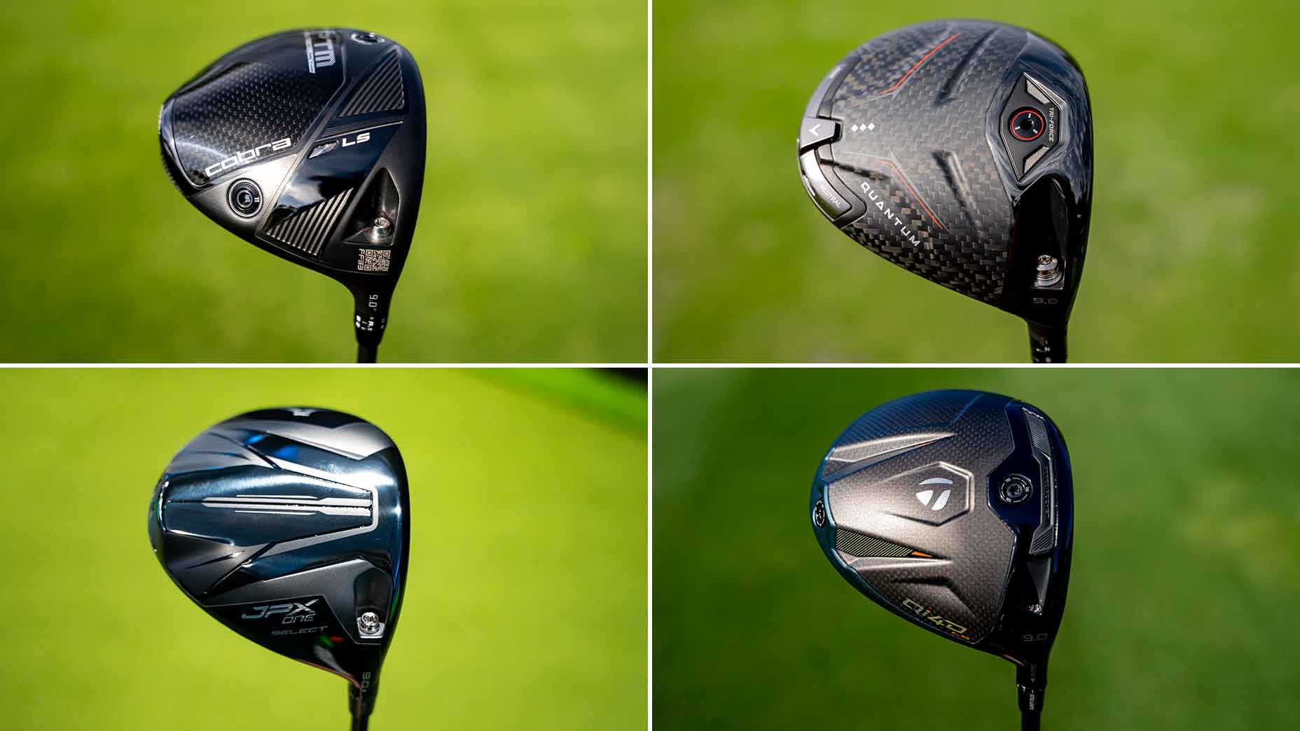 Four different golf driver clubheads displayed against a blurred green background, each showcasing distinct designs and branding elements in a grid layout.