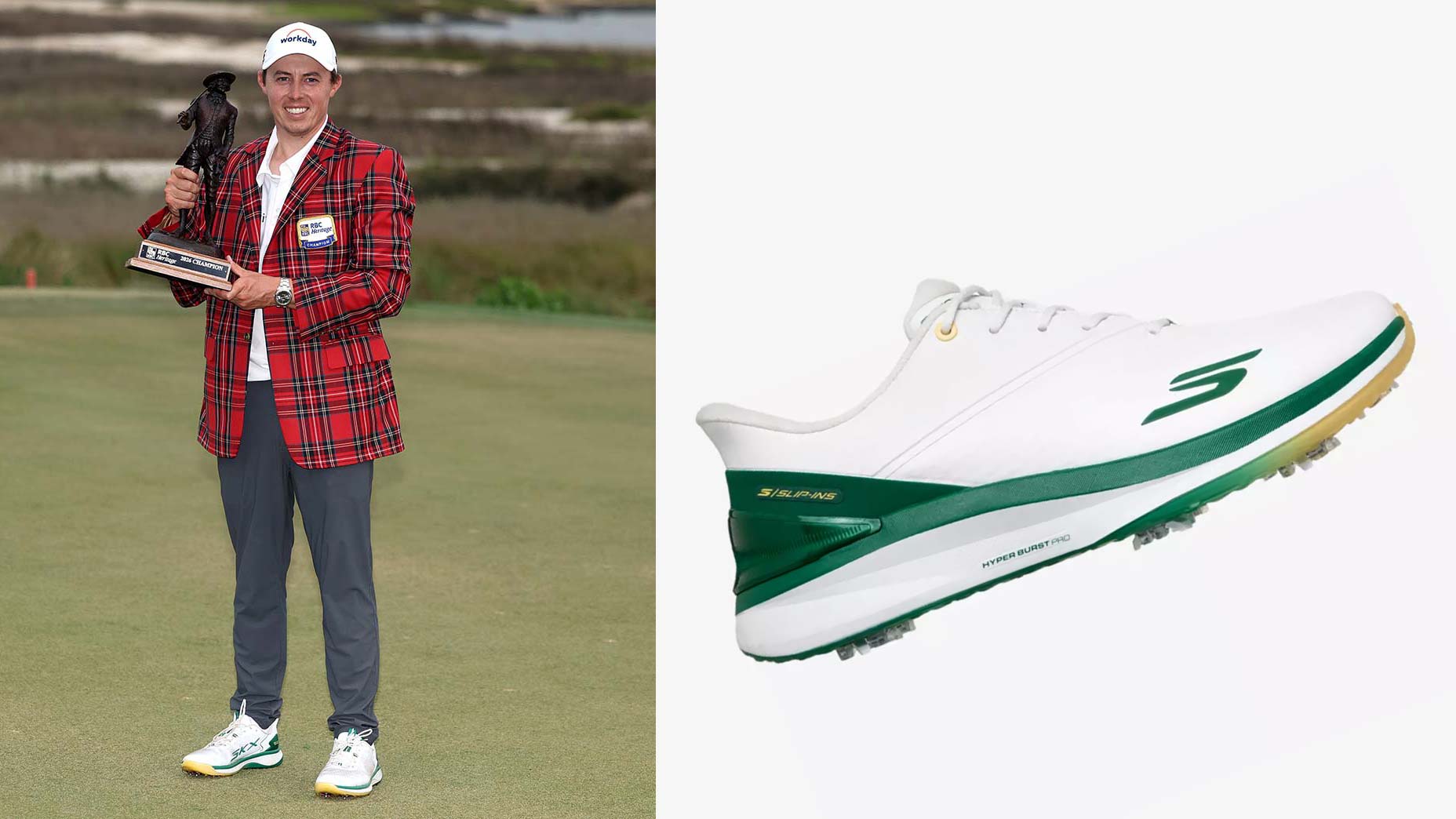 Matt Fitzpatrick, wearing a red plaid jacket and white Skechers shoes, holds a trophy on the golf course at the RBC Heritage; next to him is a close-up of a Skechers golf shoe with green accents.