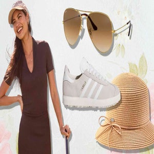 A smiling woman in a brown dress and baseball cap stands next to fashion items&mdash;perfect for Mother's Day&mdash;like aviator sunglasses, white Adidas sneakers, and a wide-brim straw hat with a bow, all set against a floral background.