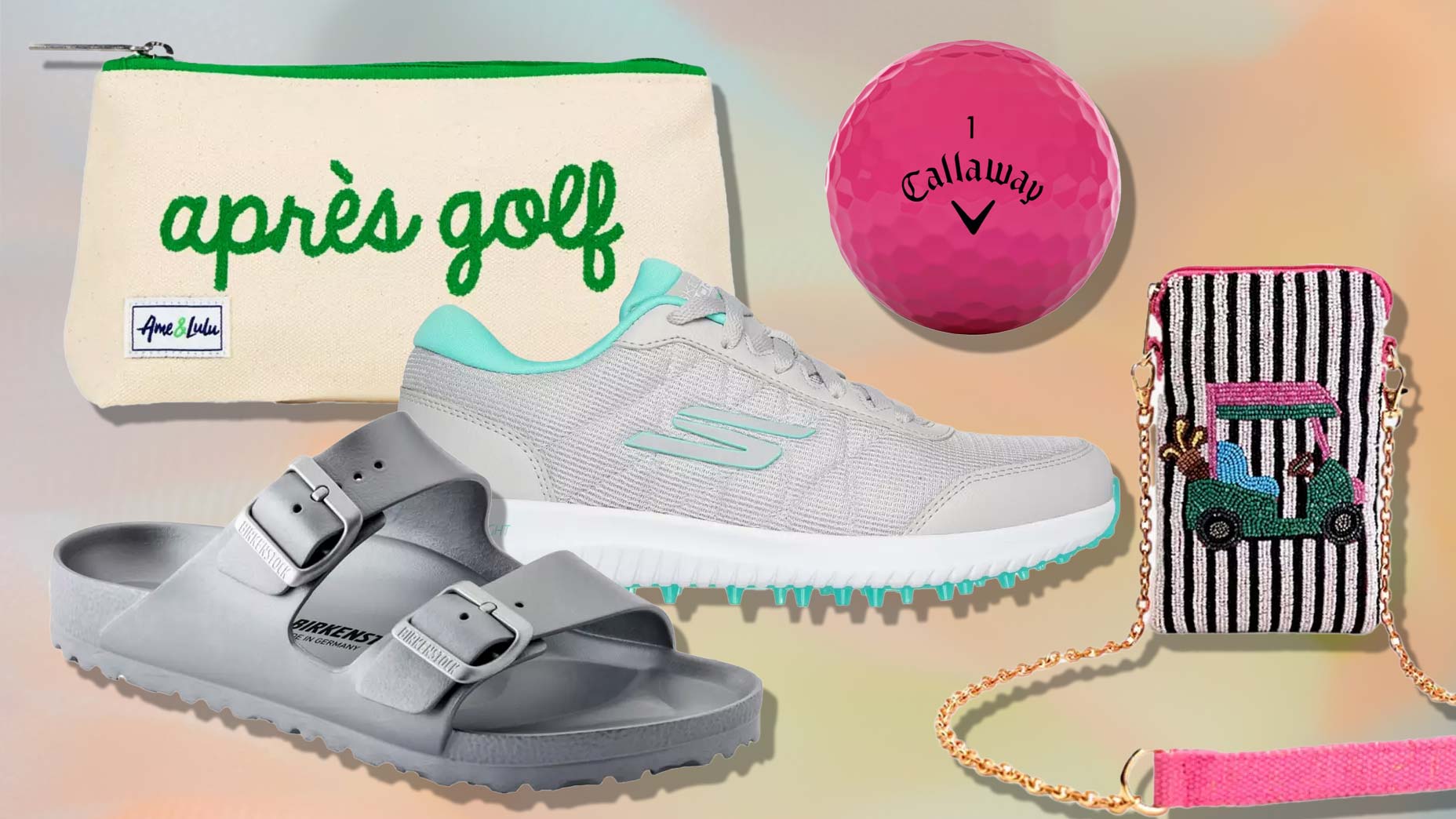 A collage of golf-themed items—perfect Mother's Day gifts under $50: a cream pouch with après golf in green, a pink Callaway golf ball, a white and mint athletic shoe, gray Birkenstock sandals, and a small purse with a golf cart design.