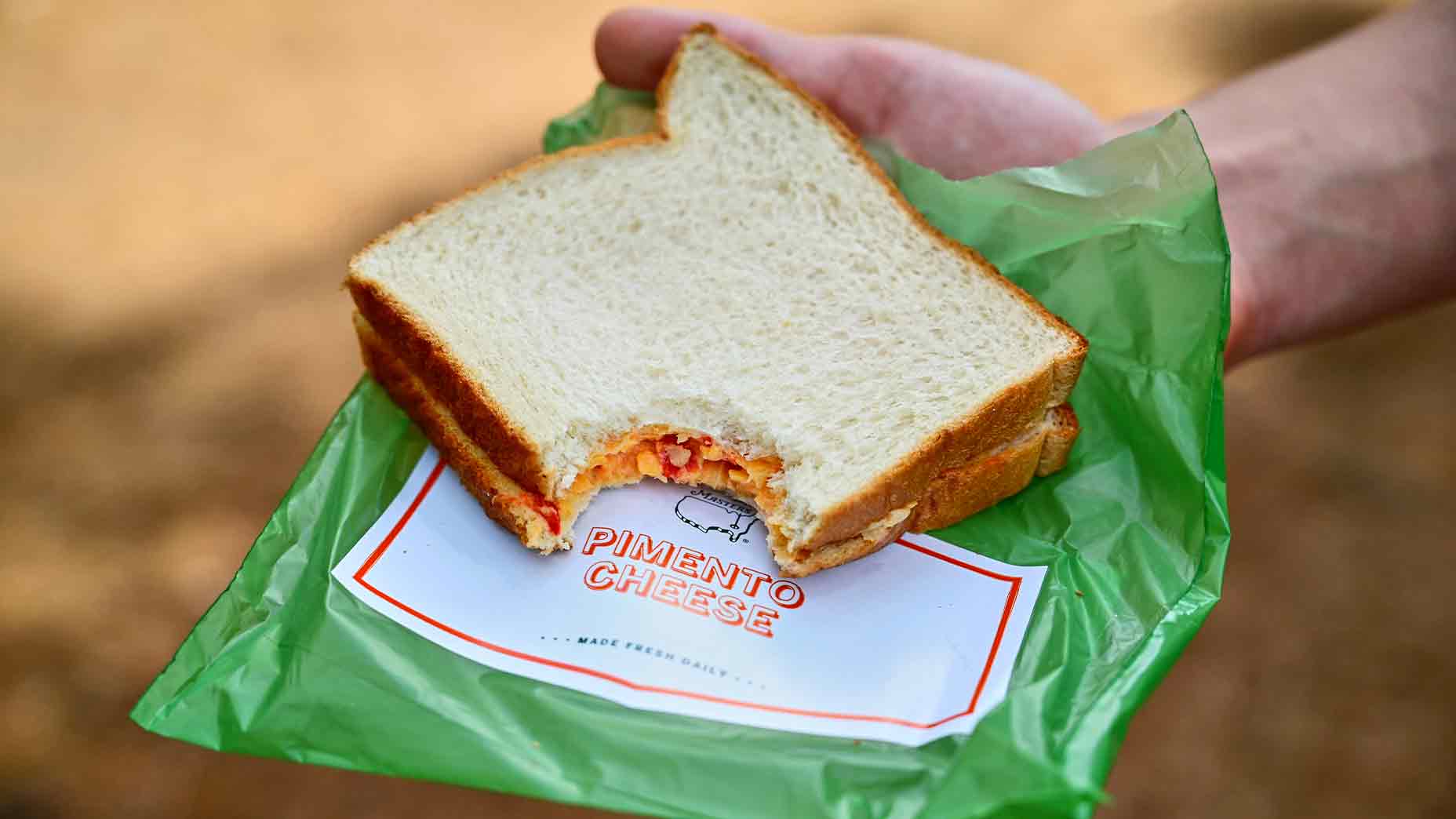 Closeup view of a once bitten pimento cheese sandwich during Thursday play at Augusta National. Augusta, GA 4/11/2019 CREDIT: Kohjiro Kinno (Photo by Kohjiro Kinno /Sports Illustrated via Getty Images) (Set Number: X162592 TK1 )