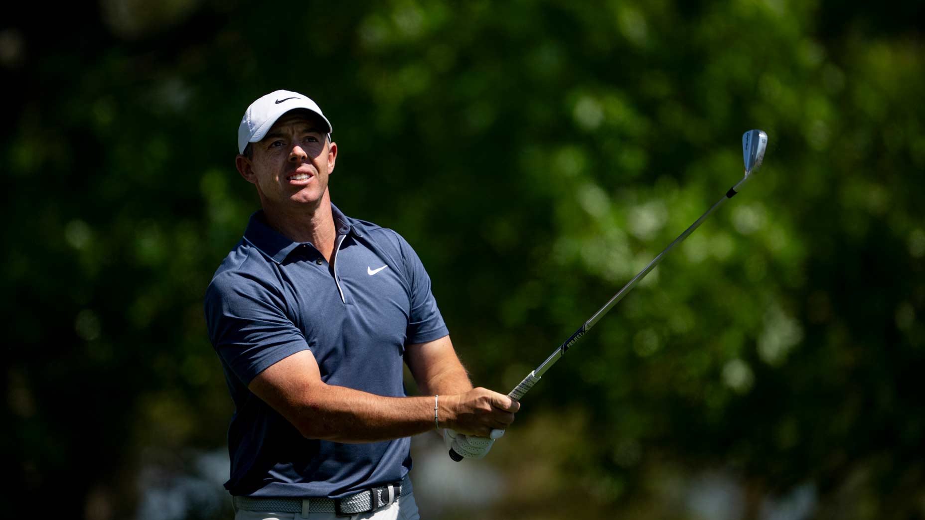 Rory McIlroy of Northern Ireland plays a stroke from the No. 4 tee during the final round of the Masters at Augusta National Golf Club, Sunday, April 13, 2025. (Photo by Logan Whitton/Augusta National/Getty Images)