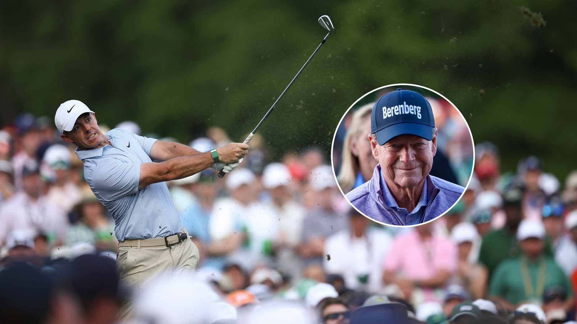 A golfer in a light blue shirt, possibly major winner Rory McIlroy, swings a club during a tournament as a large crowd watches. An inset shows an older man in a blue shirt and Berenberg cap smiling.