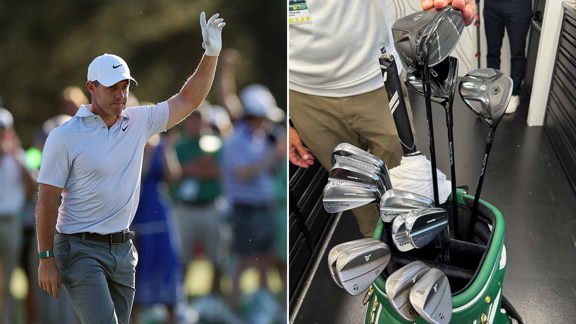 Rory McIlroy at the Masters and his golf bag.