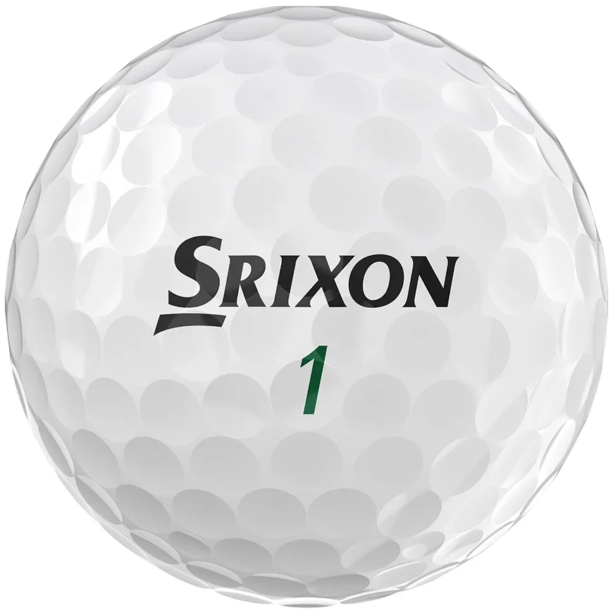 A close-up of a white Srixon golf ball with dimples, featuring the brand name Srixon in black and the number 1 in green—perfect for pairing with the best golf shoes 2026 has to offer.