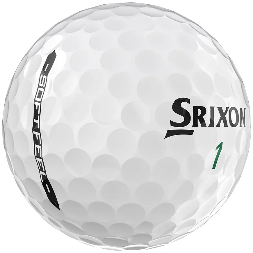 A close-up of a white Srixon golf ball showing its dimples and black SOFT FEEL logo on the left, beside the brand name SRIXON and a green number 1—perfect for players searching for the best golf shoes 2026 to complete their gear.