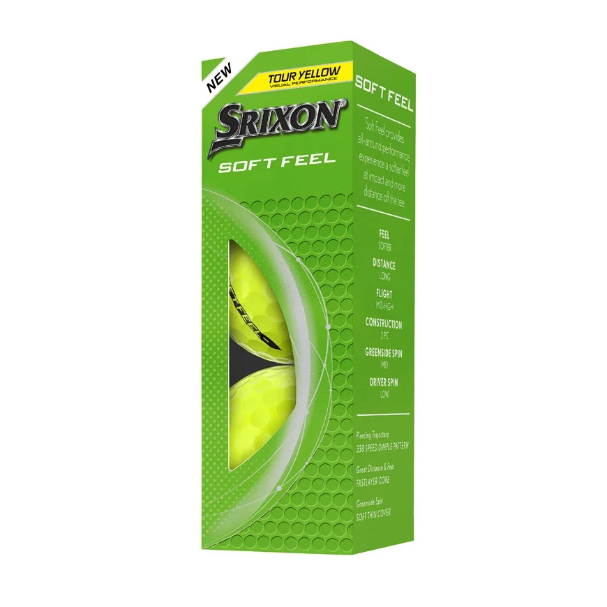 A green and yellow box of Srixon Soft Feel golf balls, labeled Tour Yellow. The packaging features product details and a cut-out window showing two yellow golf balls inside—perfect for pairing with the best golf shoes 2026 has to offer.