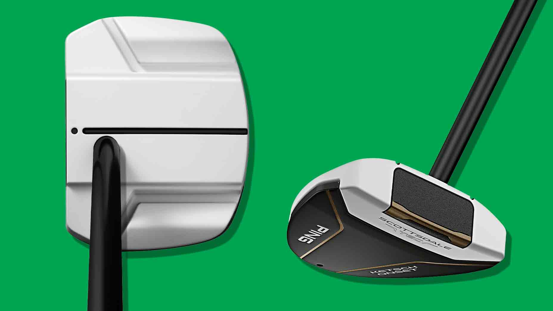 Two golf putters with white heads and black shafts are displayed on a green background. One putter highlights its alignment design from above, while the other is shown from a side angle with branding visible.