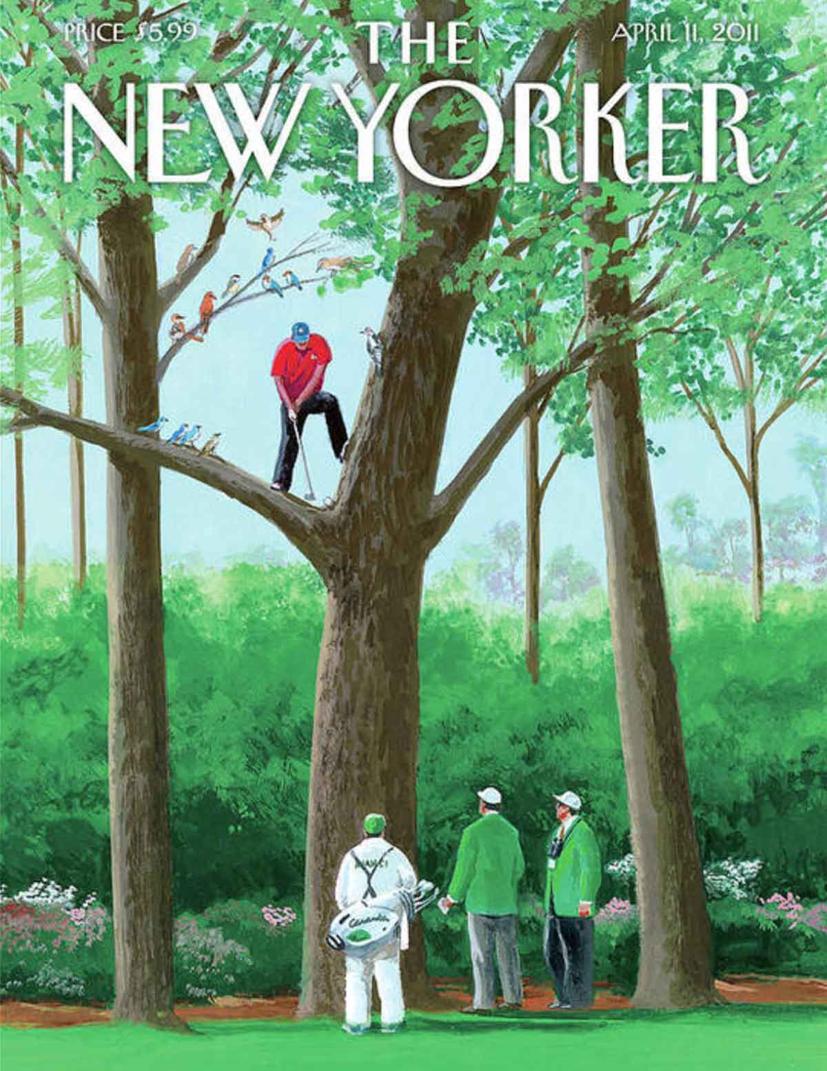 An illustration of a golf course with three men in green jackets, their own set of rules at play, and a caddie watching a golfer stuck in a tree. Masters-inspired artists paint the lush scene as birds observe, with the New Yorker title above.