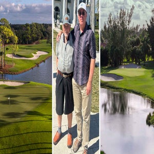 A split image: left and right panels show views of Boca Raton golf courses with greens, sand traps, water, and trees; center panel shows two men smiling on a sidewalk during their golf trip.