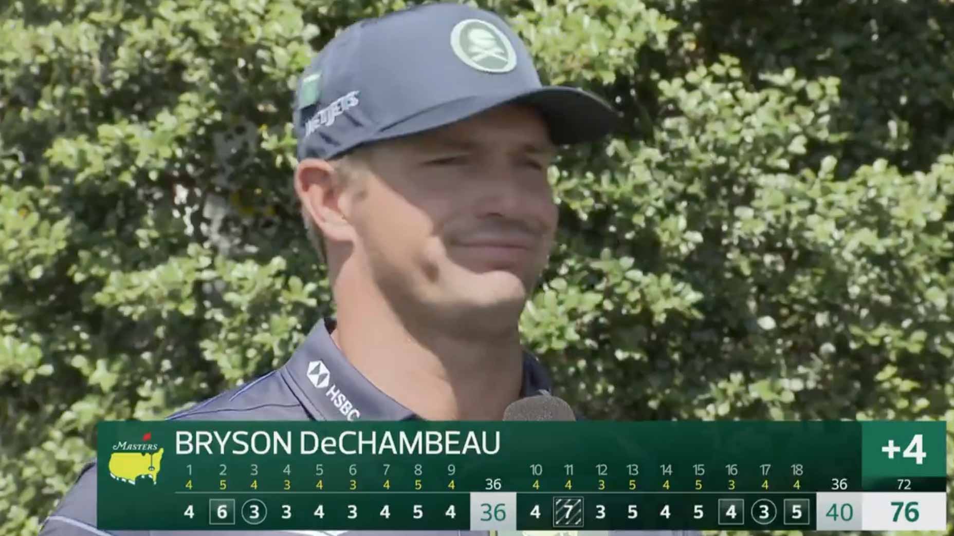 Bryson DeChambeau reacts to a reporter's question at 2026 Masters