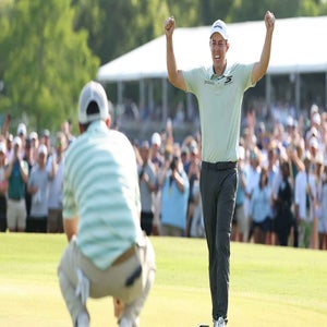 Matt Fitzpatrick celebrates the winning putt of Alex Fitzpatrick during the Zurich Classic.