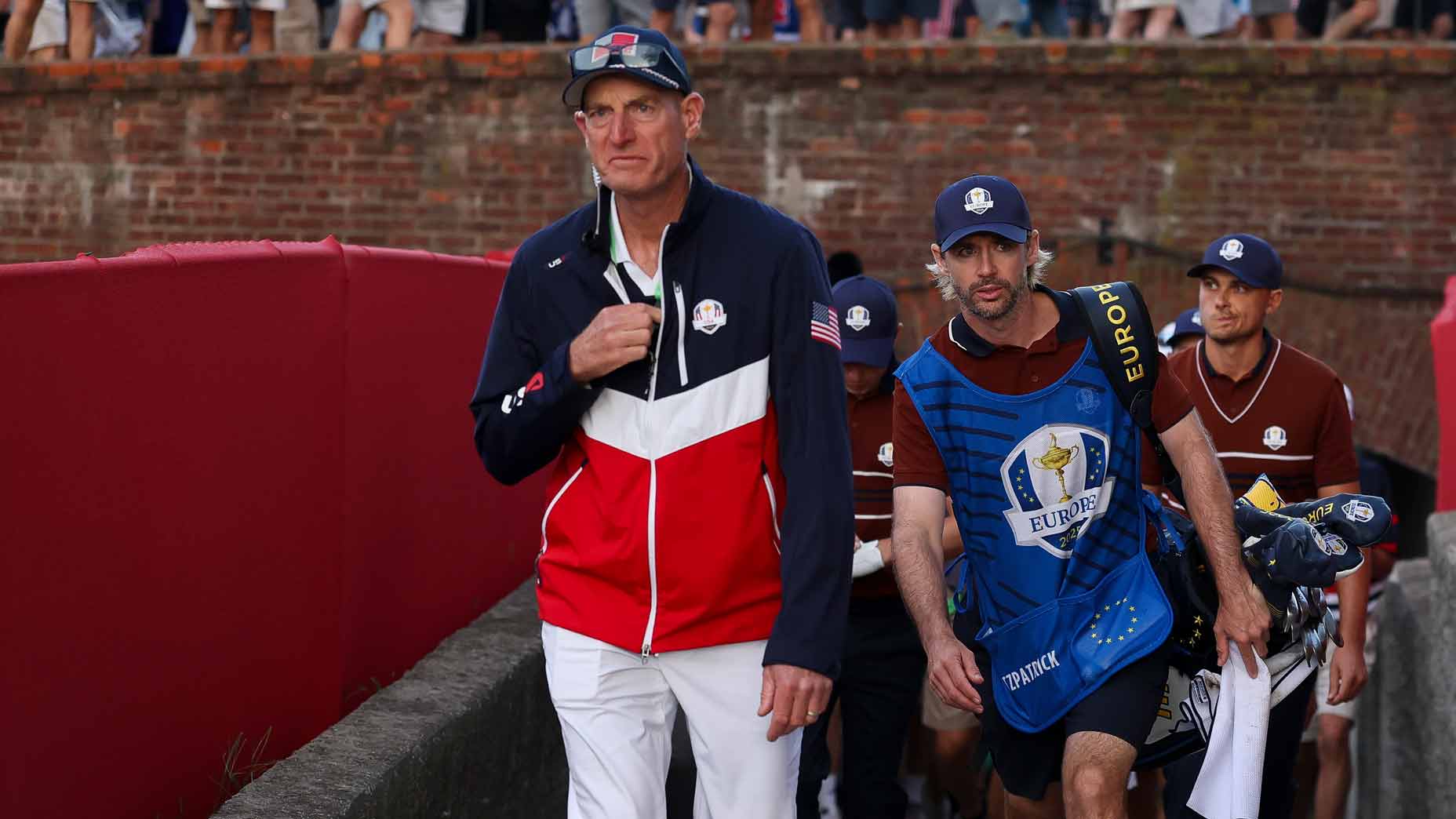 U.S. Ryder Cup vice captain Jim Furyk walks caddies during the 2025 Ryder Cup at Bethpage Black.